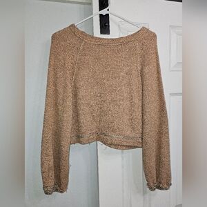 Free People Distressed Scoopneck Cropped Sweater in Tan Brown Black